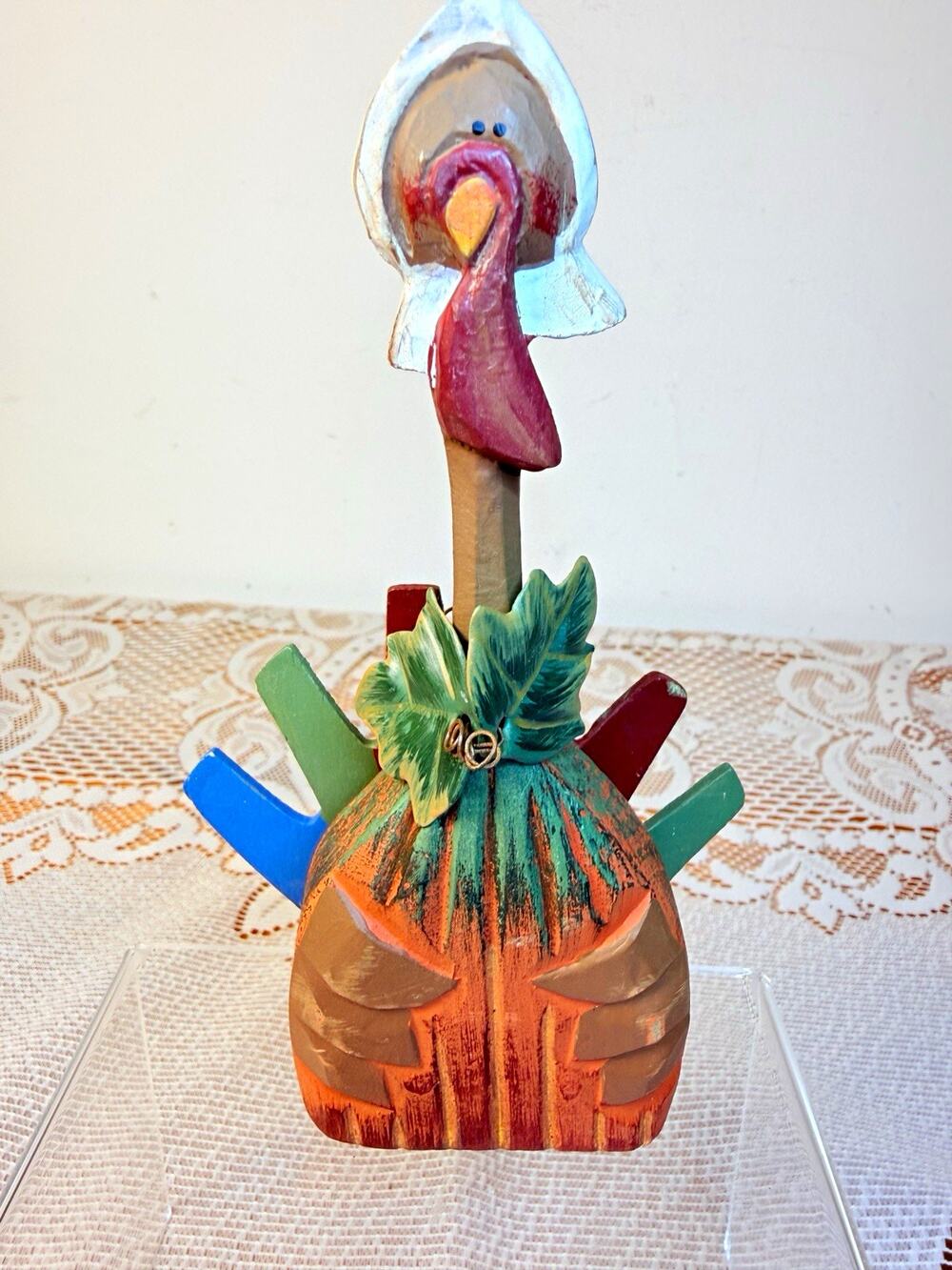 Hand Painted Carved Wood Turkey Figurine w/ Pilgrim Hat 6 in Thanksgiving